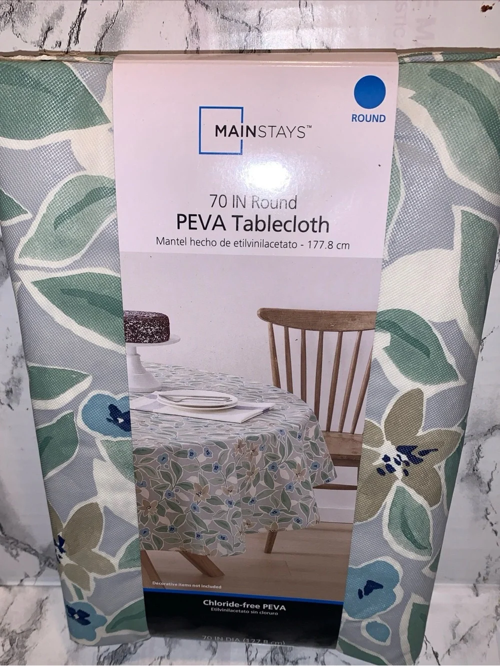 Floral Print Tablecloth in Blue/Gray/Green 70” round flocked back PEVA vinyl